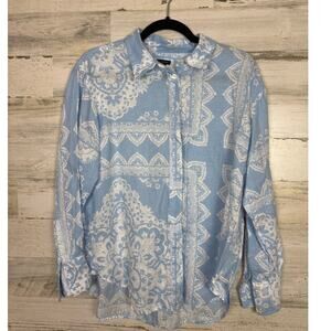 Ann Taylor womens small petite linen blue boho button up blouse top lightweight